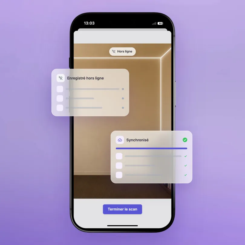 Scan de pièce sur smartphone en mode hors ligne, les données sont enregistrées localement puis synchronisées