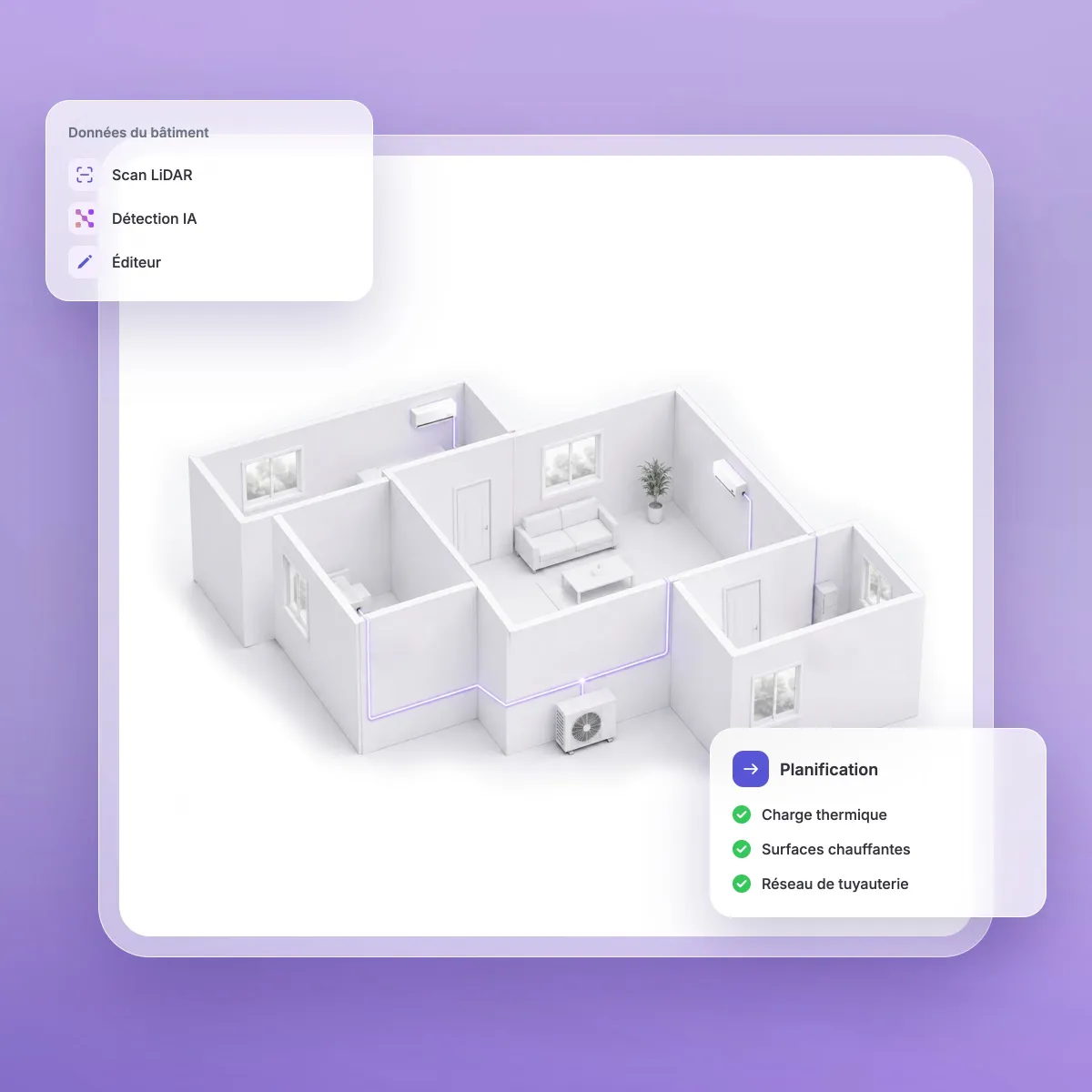Modèle 3D d'un bâtiment avec climatiseurs et tracé des conduites, données du bâtiment issues du scan LiDAR, de la détection IA et de l'éditeur, avec planification de la charge thermique, des surfaces chauffantes et du réseau de tuyauterie