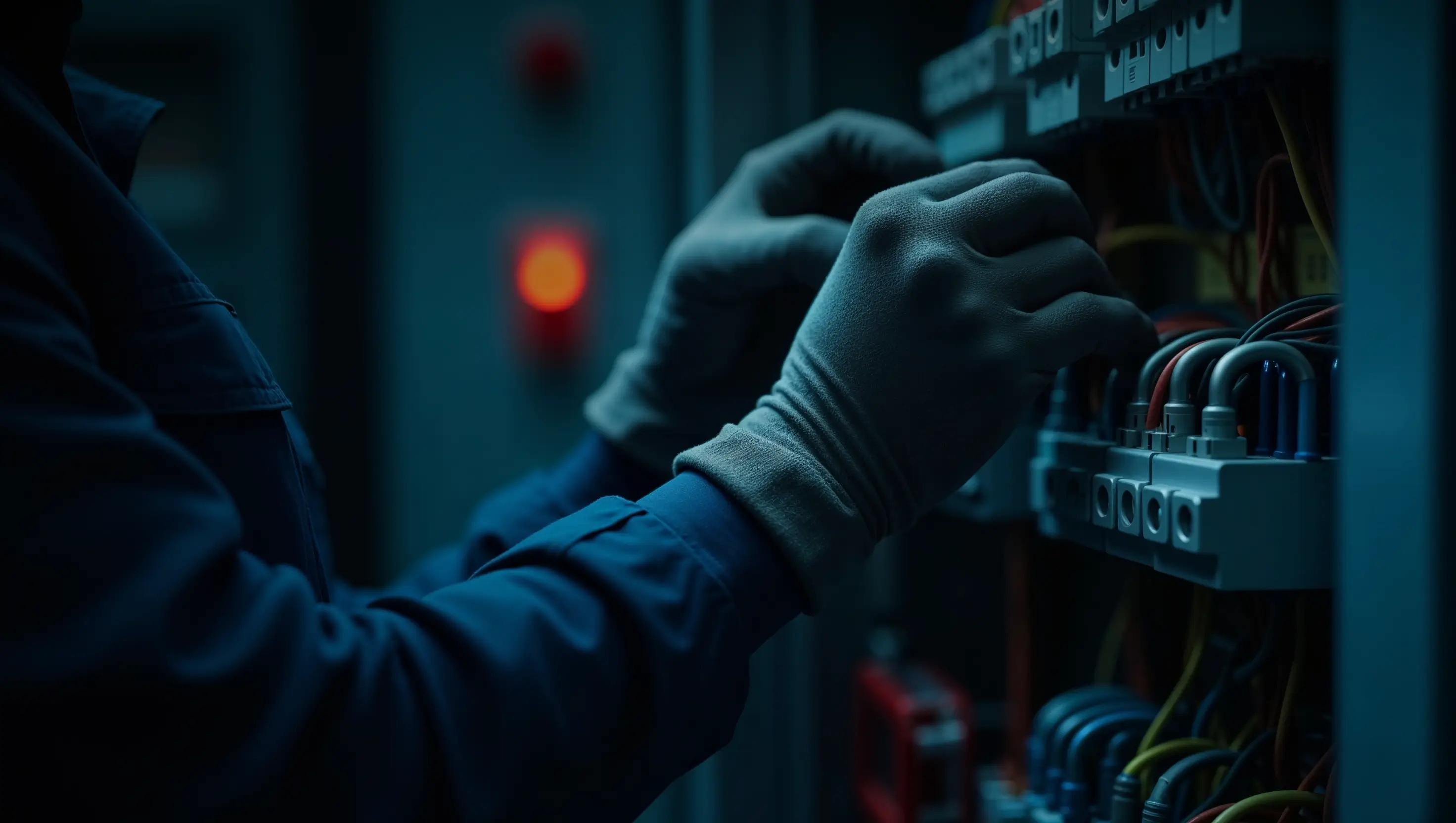 Gloved electrician working on a commercial electrical panel with wires in an industrial setting.