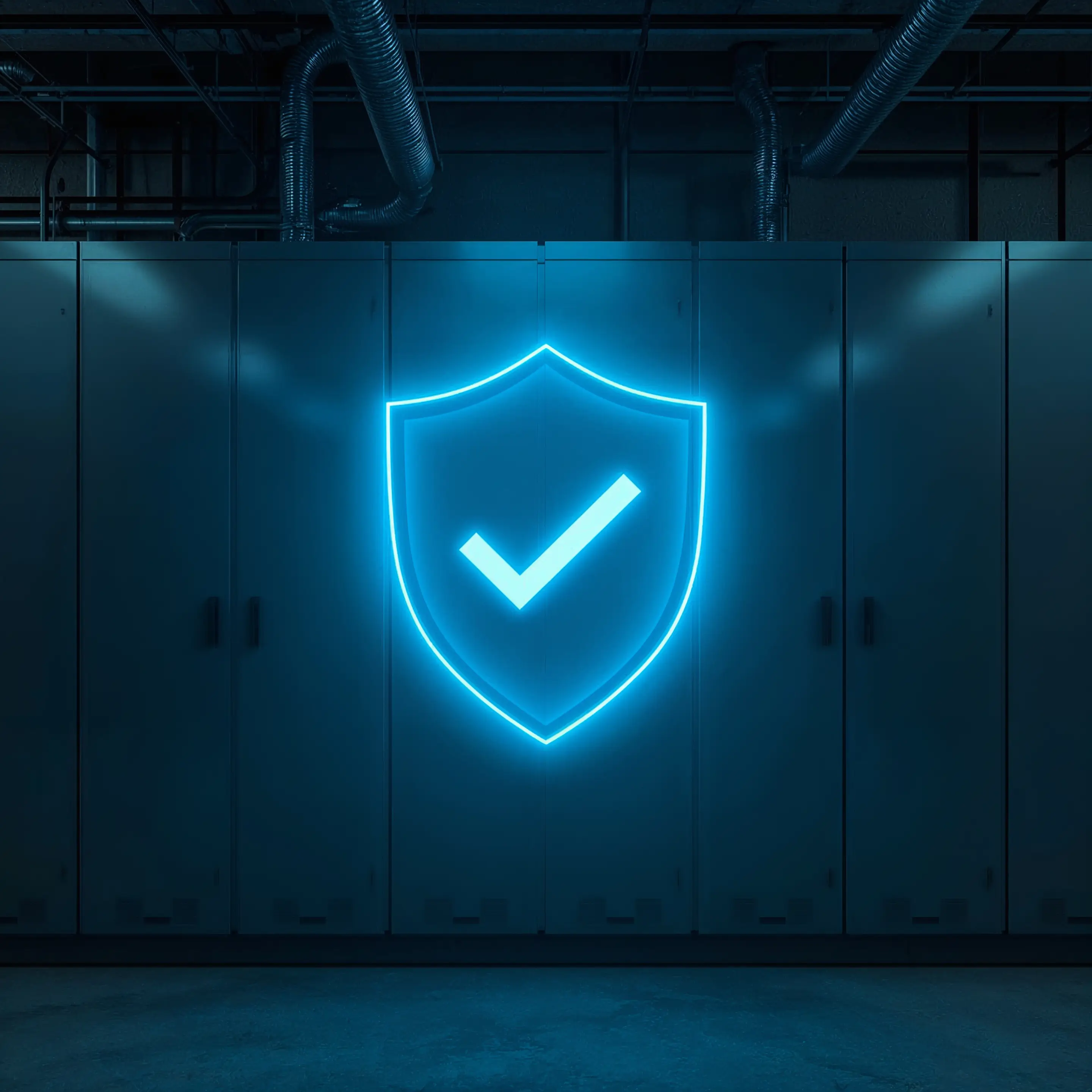 Glowing blue shield with a checkmark, symbolizing safety and accreditation, set against a background of secure commercial-grade metal lockers with visible warning labels, indicating a commercial electrician's commitment to verified safety standards and industry compliance.