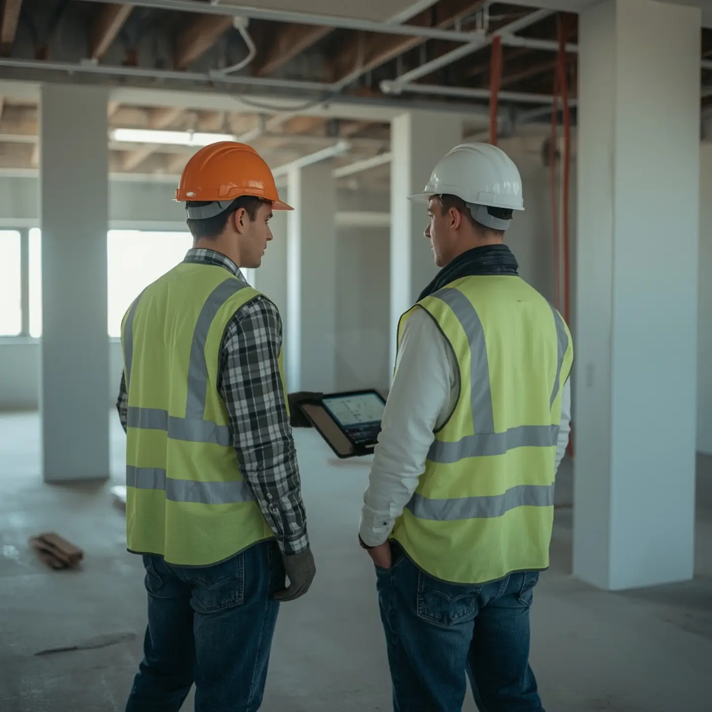 An electrician and a project manager, wearing hard hats and high-visibility vests, stand inside a building under construction. One holds a tablet while they both appear to be discussing the project.