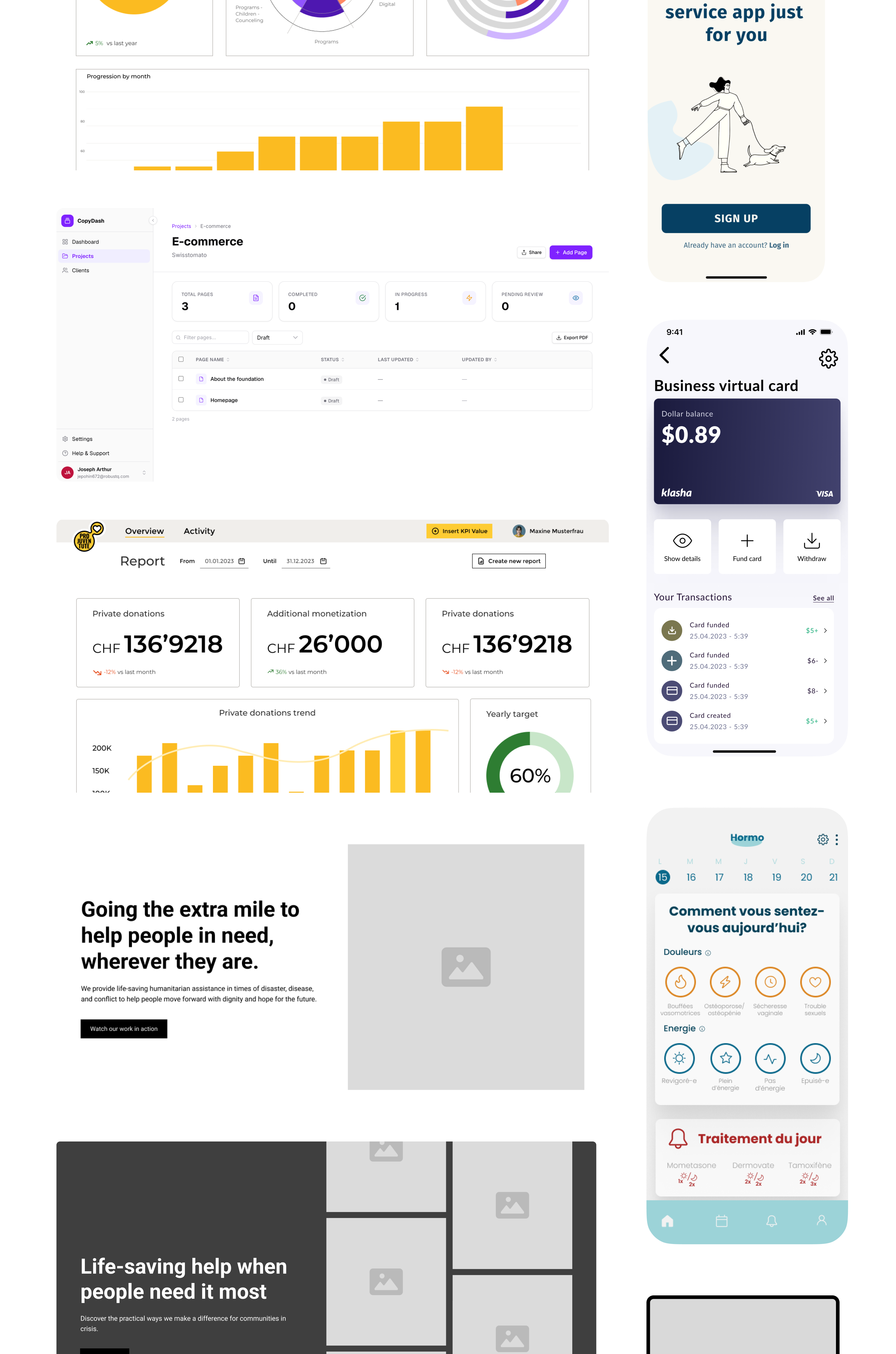 Composite of various app and dashboard screens showing reports, task management, donations, and user interfaces.