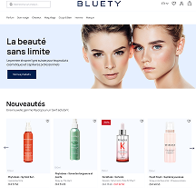 Bluety skincare site header with two women's faces and a product selection below titled Nouveautés.