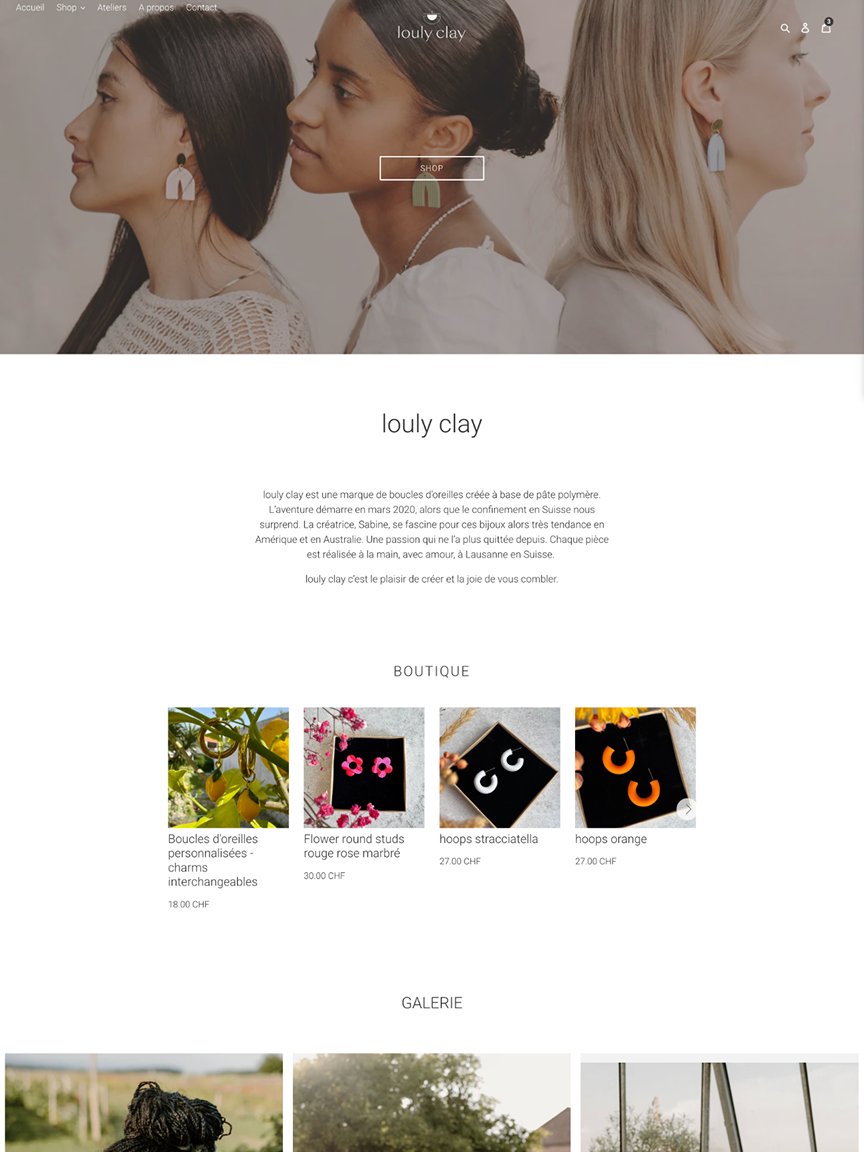 Three women shown in profile wearing colorful polymer clay earrings on a light background.