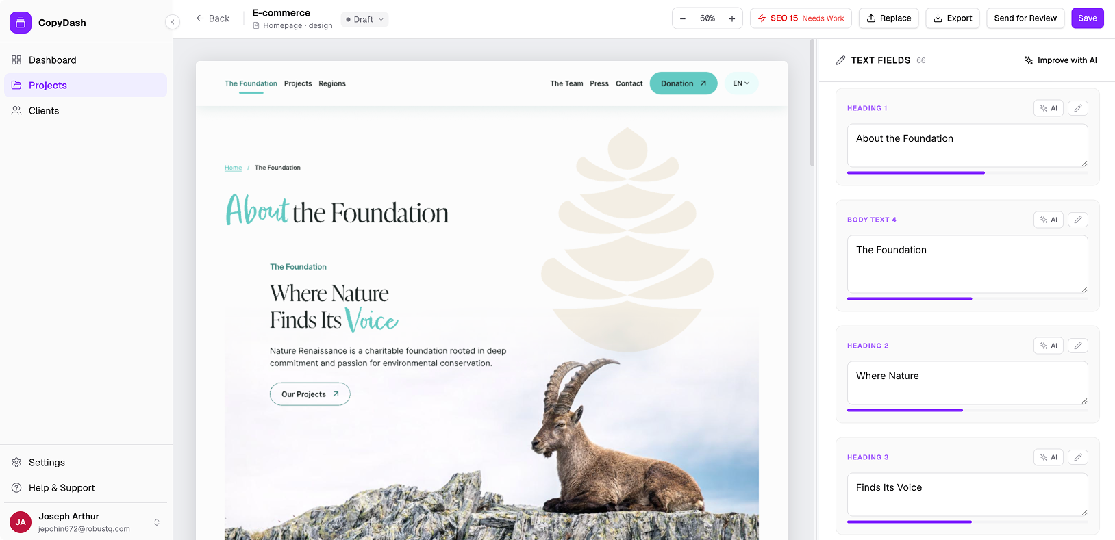 Website design interface showing a portfolio page about a charitable foundation focused on environmental conservation, featuring a photo of a mountain goat resting on rocks under a blue sky, with menu options and editable text fields visible.