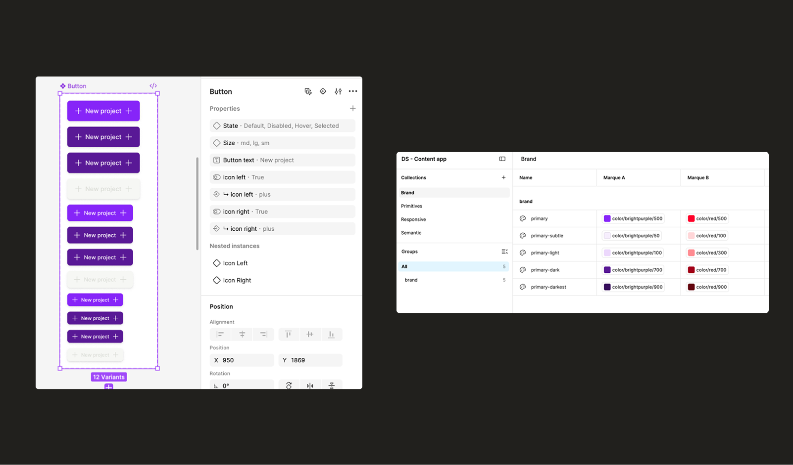 User interface design system showing button variants on the left with different states and colors labeled 'New project' and their properties including state, size, button text, icon left and right, and nested instances in the center, and a color palette on the right with brand colors for Marque A and Marque B including primary, primary-subtle, primary-light, primary-dark, and primary-darkest shades.