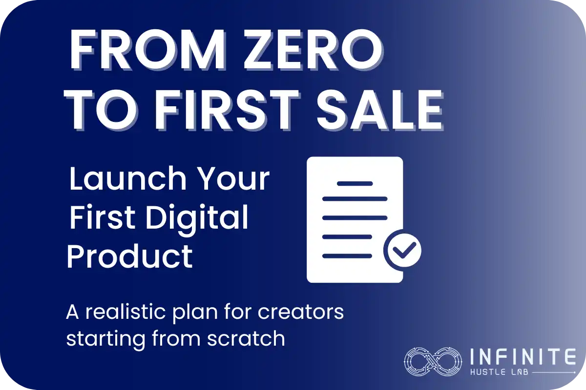 Promotional graphic with the headline ‘From Zero to First Sale’ and subhead ‘Launch Your First Digital Product.’ Includes a checklist icon and Infinite Hustle Lab logo on a blue gradient background.