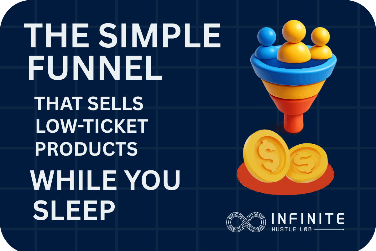 Graphic showing a blue and orange sales funnel with user icons flowing into gold coins. Bold white text reads ‘The Simple Funnel That Sells Low-Ticket Products While You Sleep.’ Branded with Infinite Hustle Lab logo in the corner.