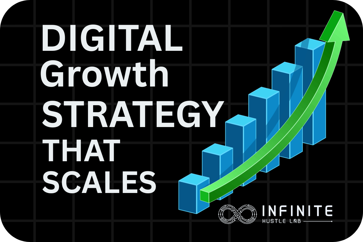 Promotional graphic displaying the headline ‘Digital Growth Strategy That Scales’ with a 3D blue bar chart and green upward arrow representing business growth. Branding for Infinite Hustle Lab is featured at the bottom right.