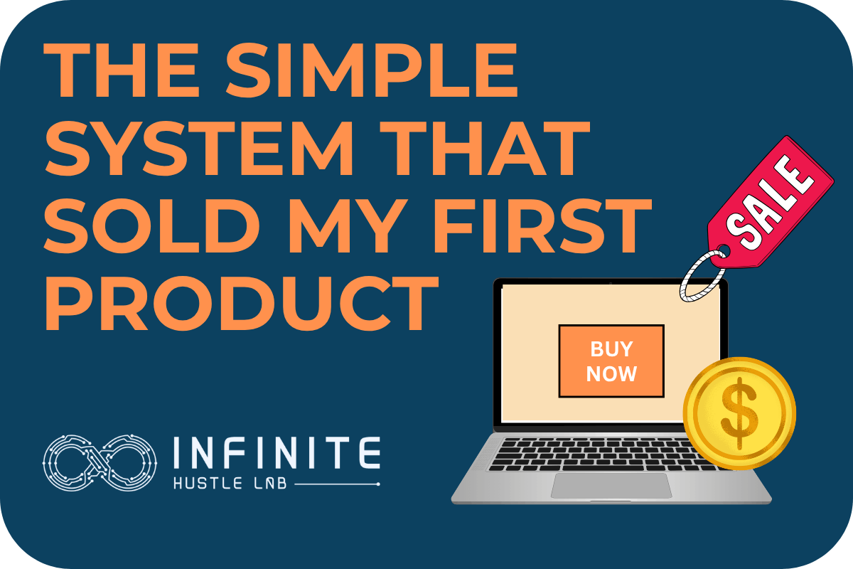 Promotional image with bold orange text that reads “The Simple System That Sold My First Product” over a dark blue background. Includes a laptop with a “Buy Now” button on screen, a red sale tag, a gold dollar sign icon, and the Infinite Hustle Lab logo at the bottom.
