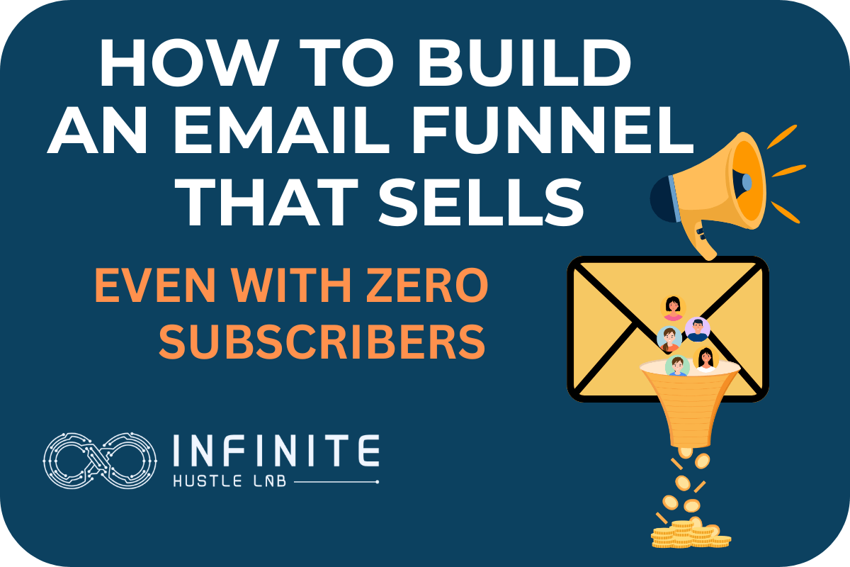 A bold digital graphic with the headline “How to Build an Email Funnel That Sells (Even With Zero Subscribers).” The image includes a megaphone, a yellow envelope icon with illustrated people being funneled into a gold coin stack, and the Infinite Hustle Lab logo at the bottom. The background is dark blue with high-contrast white and orange text.