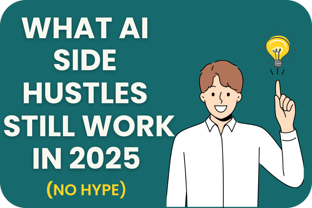 Teal graphic with bold text that reads “What AI Side Hustles Still Work in 2025 (No Hype),” featuring a smiling cartoon man in a white shirt pointing at a glowing yellow lightbulb.
