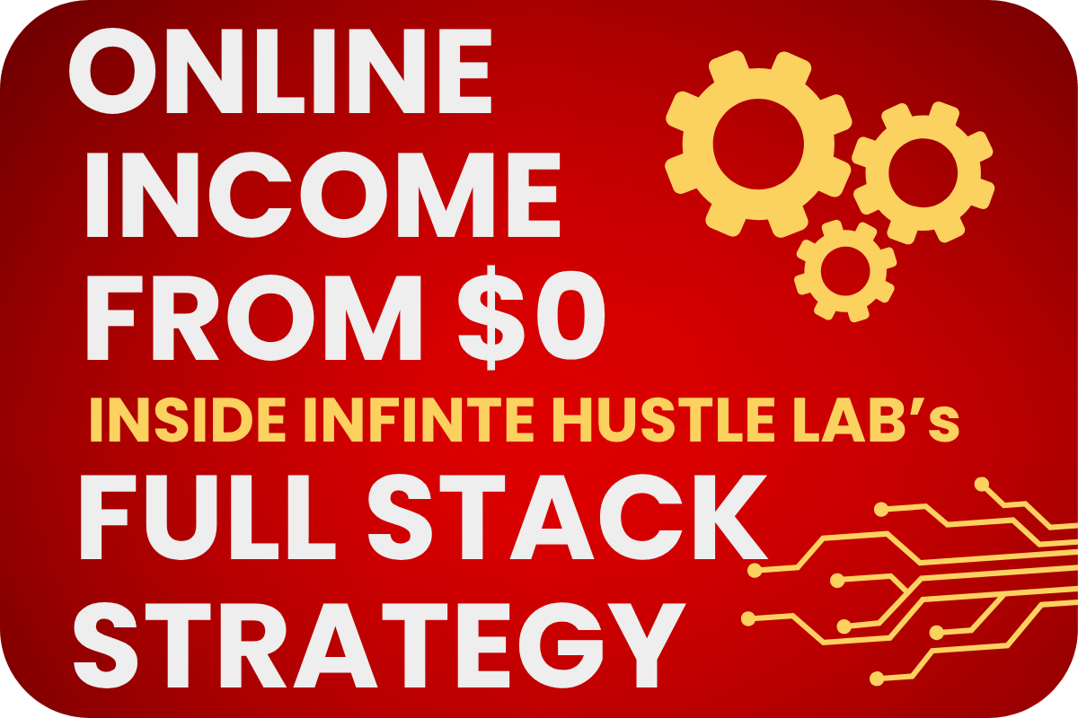 Red promotional graphic with bold white and yellow text reading “Online Income from $0: Inside Infinite Hustle Lab’s Full Stack Strategy.” The design features three yellow gear icons in the top right and stylized circuit lines in the bottom right, symbolizing systems and automation.