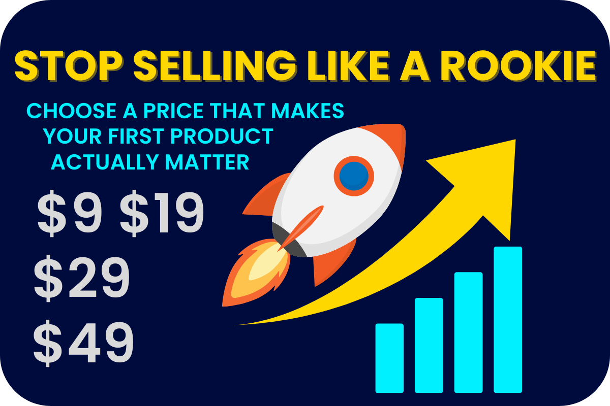 Bold graphic with rocket launch and rising arrow, showing pricing strategy: Stop Selling Like a Rookie. Text highlights choosing a price that makes your first digital product matter, with suggested price points $9, $19, $29, and $49.