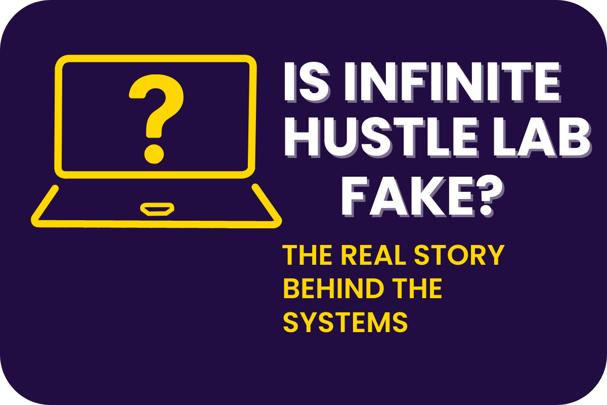 Hero graphic with purple background showing a yellow laptop icon with a question mark, alongside bold text reading “Is Infinite Hustle Lab Fake? The Real Story Behind the Systems.”