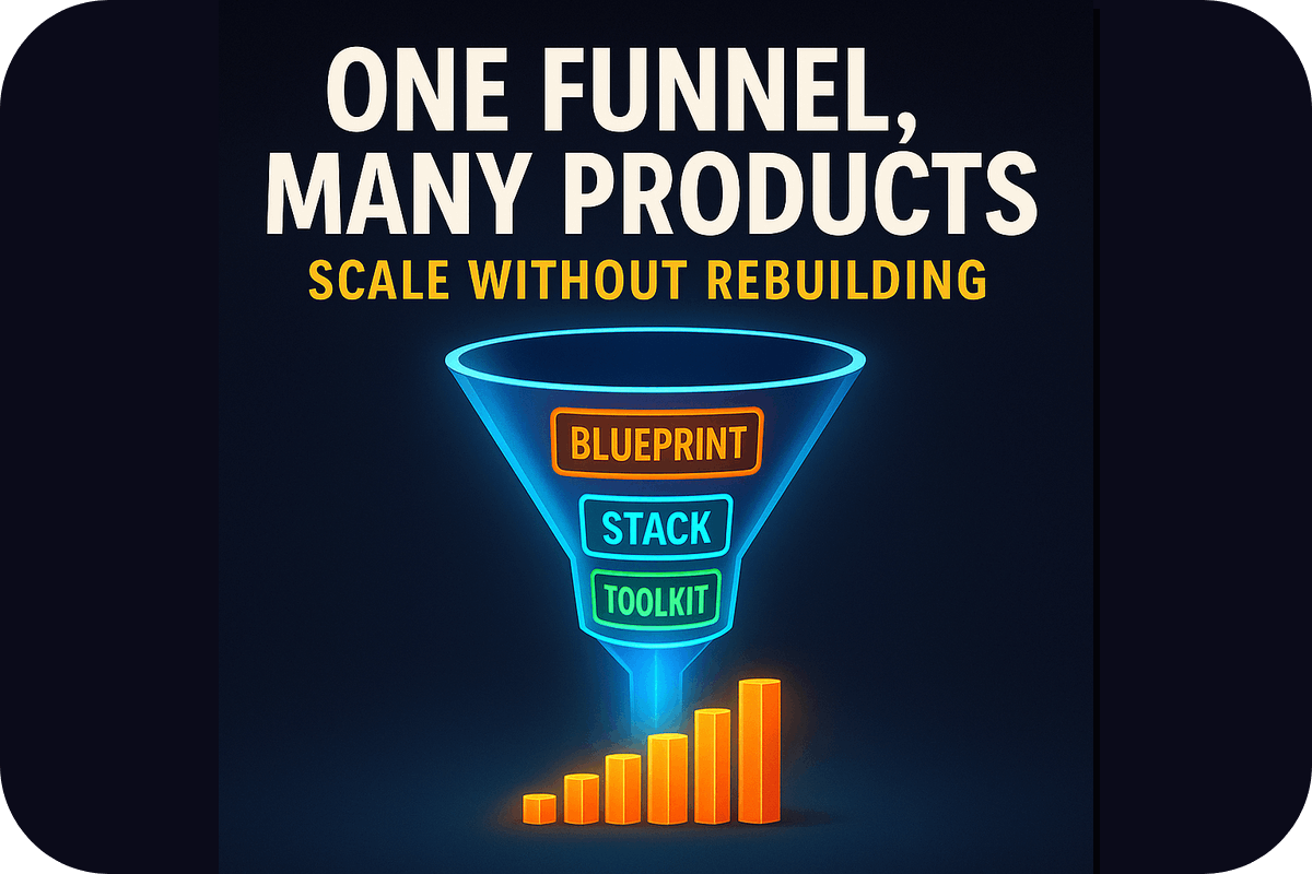 Hero graphic with the title “One Funnel, Many Products — Scale Without Rebuilding.” Illustration shows a glowing sales funnel labeled Blueprint, Stack, and Toolkit, with rising bar chart beneath it symbolizing growth.