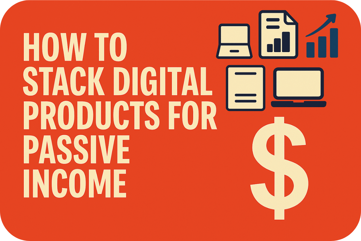 A bold digital graphic with a orange background featuring the headline “How to Stack Digital Products for Passive Income.” On the right, minimalist icons of laptops, charts, and documents flow toward a large dollar sign, symbolizing automation, scaling, and compounding digital income systems.
