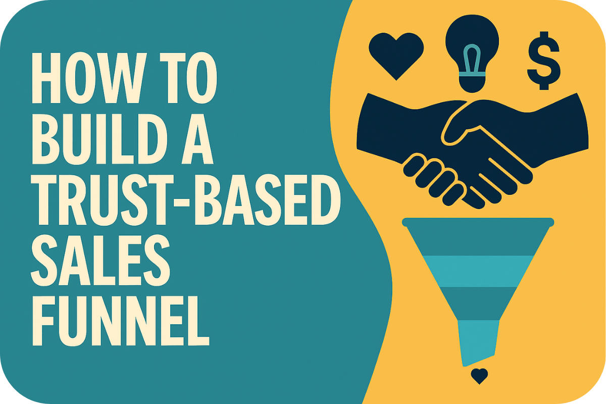 Graphic showing the text ‘How to Build a Trust-Based Sales Funnel’ alongside icons of a handshake, heart, lightbulb, and dollar sign, symbolizing trust, ideas, and revenue in a sales funnel strategy.
