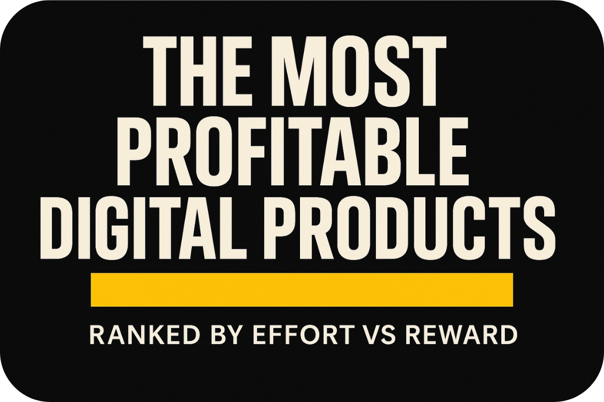 Bold black-and-yellow hero banner with the title ‘The Most Profitable Digital Products’ and subtitle ‘Ranked by Effort vs Reward.’ Minimal, high-contrast design.