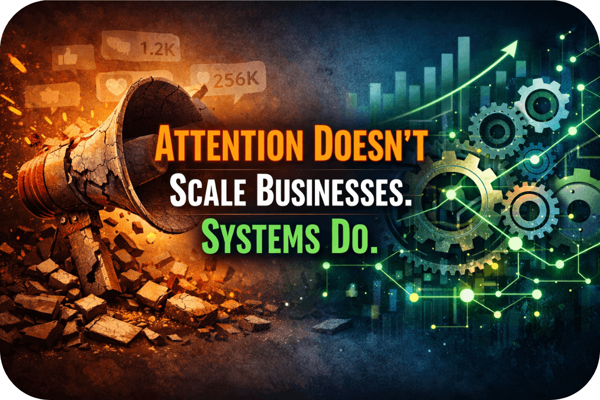 Split-screen illustration showing a cracked megaphone and social media metrics on the left contrasted with interconnected gears and an upward growth graph on the right, with the headline “Attention Doesn’t Scale Businesses. Systems Do.” conveying system-driven growth over follower-based attention.