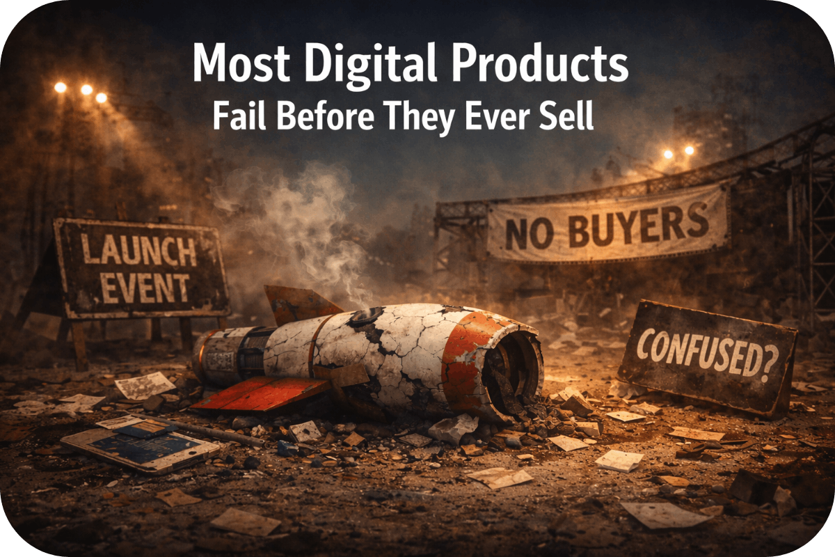 Editorial-style illustration of a crashed product launch rocket lying in debris at an empty launch site, with signs reading “Launch Event,” “No Buyers,” and “Confused?”, symbolizing digital products that fail before ever making a sale.