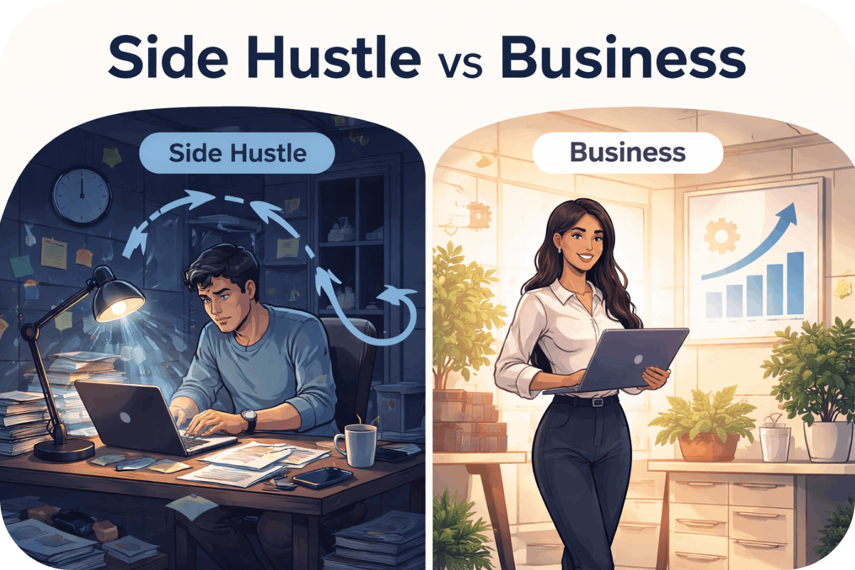 Split illustration comparing a side hustle and a business: on the left, a stressed person working late at a cluttered desk in a repeating effort loop; on the right, a calm professional in a bright office reviewing growth metrics, representing system-driven income.
