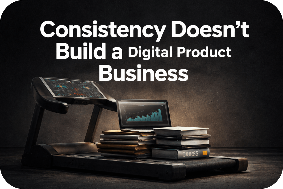 A treadmill driving books and analytics, symbolizing consistency without leverage in a digital product business.