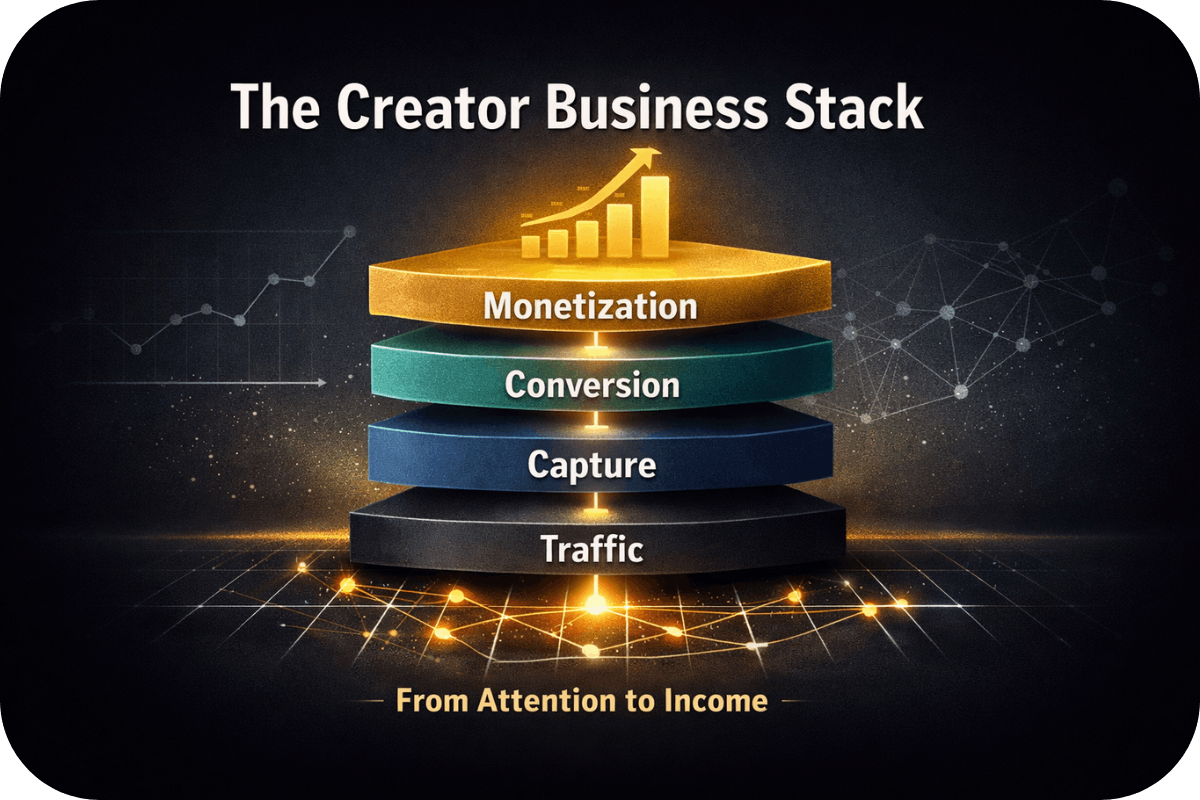 Diagram of the Creator Business Stack showing layered stages from traffic and capture to conversion and monetization, illustrating how attention becomes income.