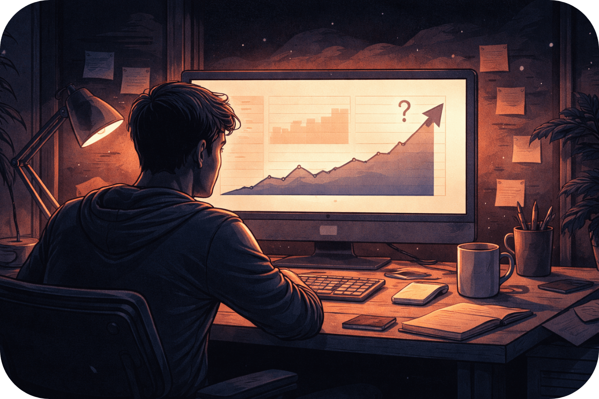 Person working at a desk late at night, looking at a computer screen with an upward trend chart that shows progress without clear confirmation.