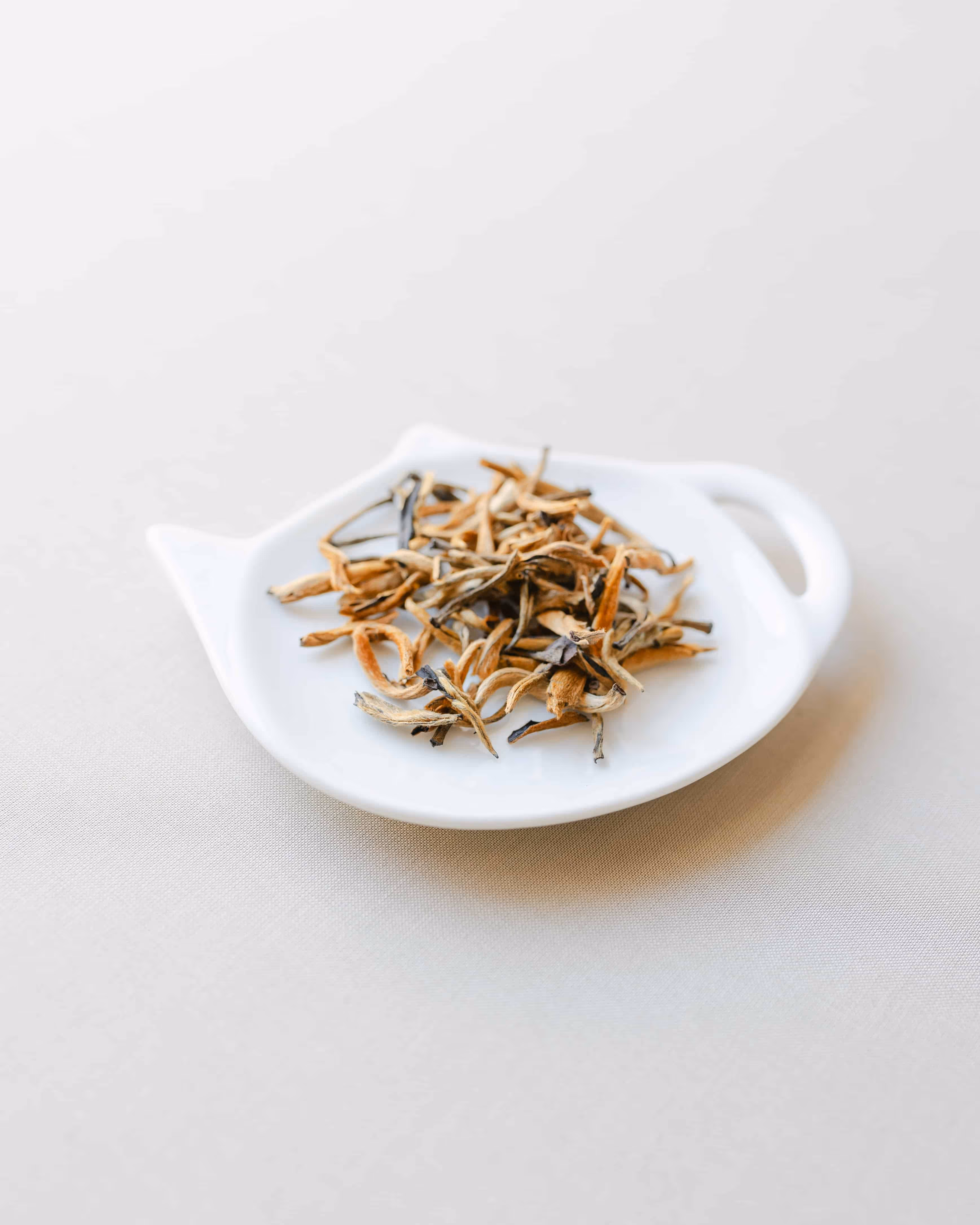 Gemme e foglie di tè disposte su un piattino bianco di ceramica a forma di teiera.