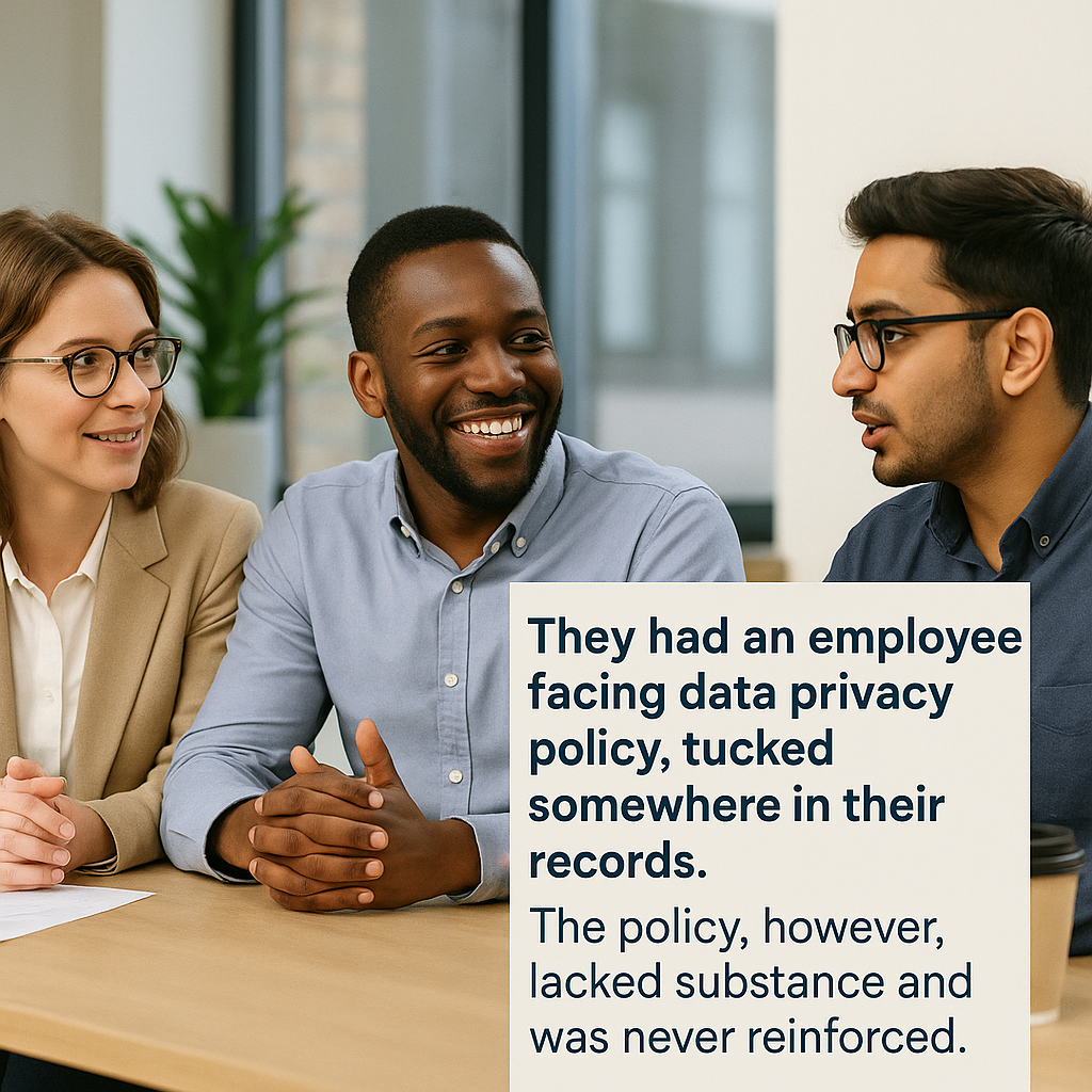 Three diverse office colleagues—two men and one woman—sit together at a meeting table in a bright, modern office, engaged in a positive discussion. The man in the center smiles warmly while the others listen attentively. A caption on the image reads: “They had an employee-facing data privacy policy, tucked somewhere in their records. The policy, however, lacked substance and was never reinforced.”