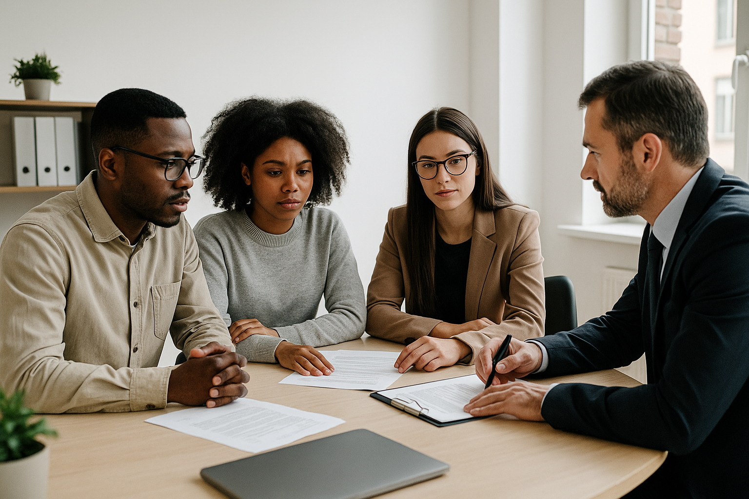 A diverse leadership team sits with a legal advisor in a bright, modern office, reviewing documents together during a strategic planning session.