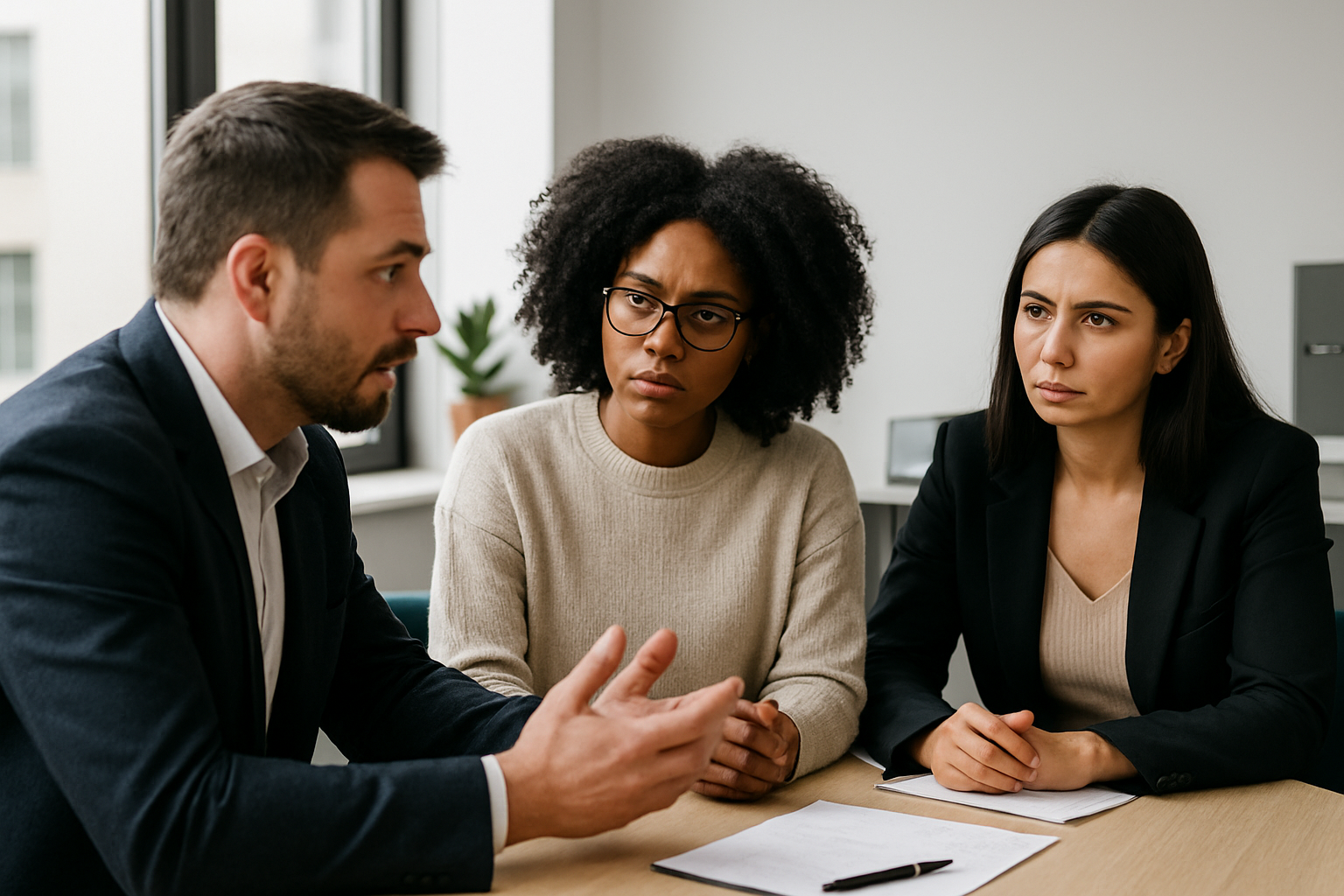 Three professionals sit around a table in a modern office, engaged in a serious conversation. One man speaks with expressive hand gestures while two women listen intently, suggesting discussion of a complex business or compliance issue.