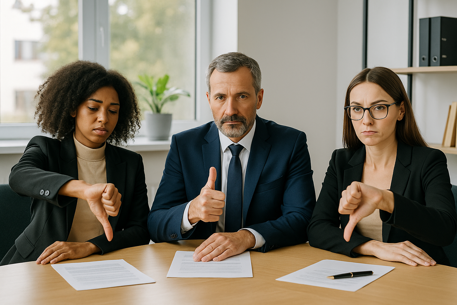 Three professionals sit at a conference table with documents in front of them. The man in the center gives a thumbs-up while the two women on either side give thumbs-downs, visually contrasting approval and disapproval in a business context.