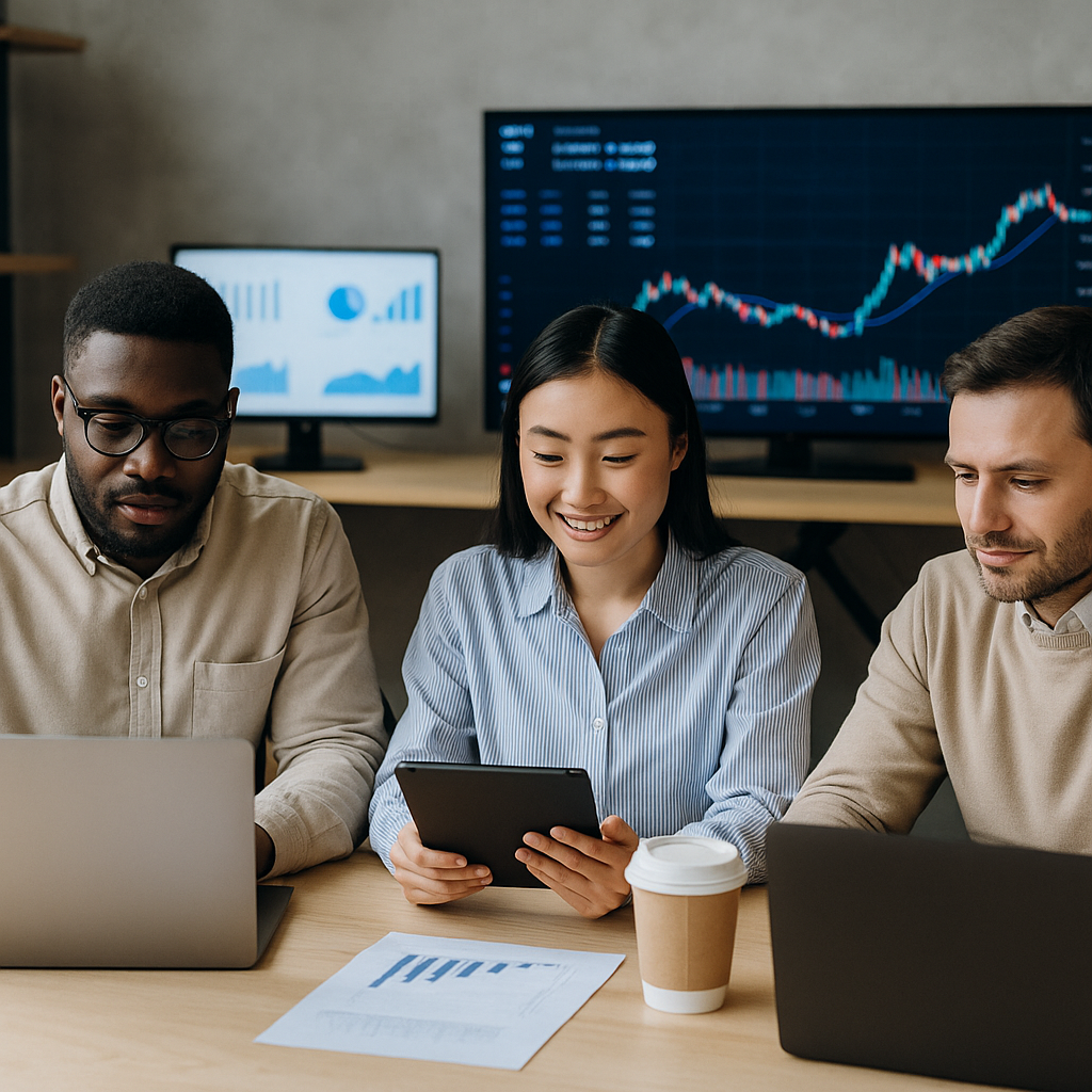Three professionals of diverse backgrounds work together in a modern fintech office. They are seated at a table with laptops and a tablet, analyzing data and financial graphs displayed on monitors in the background.