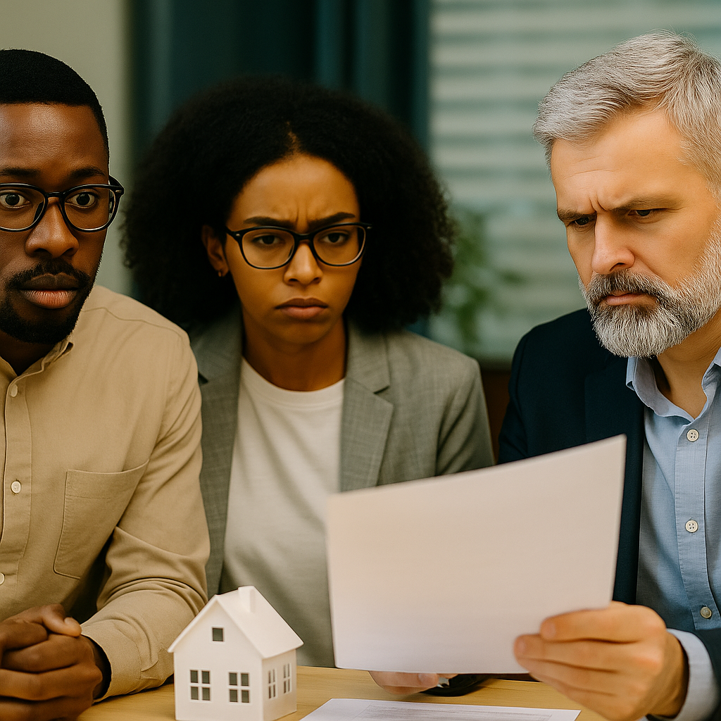 Three individuals sit at a table examining a document with serious expressions. A miniature house model sits in front of them, symbolizing a property deal under scrutiny, as they appear concerned about potential issues in the transaction.