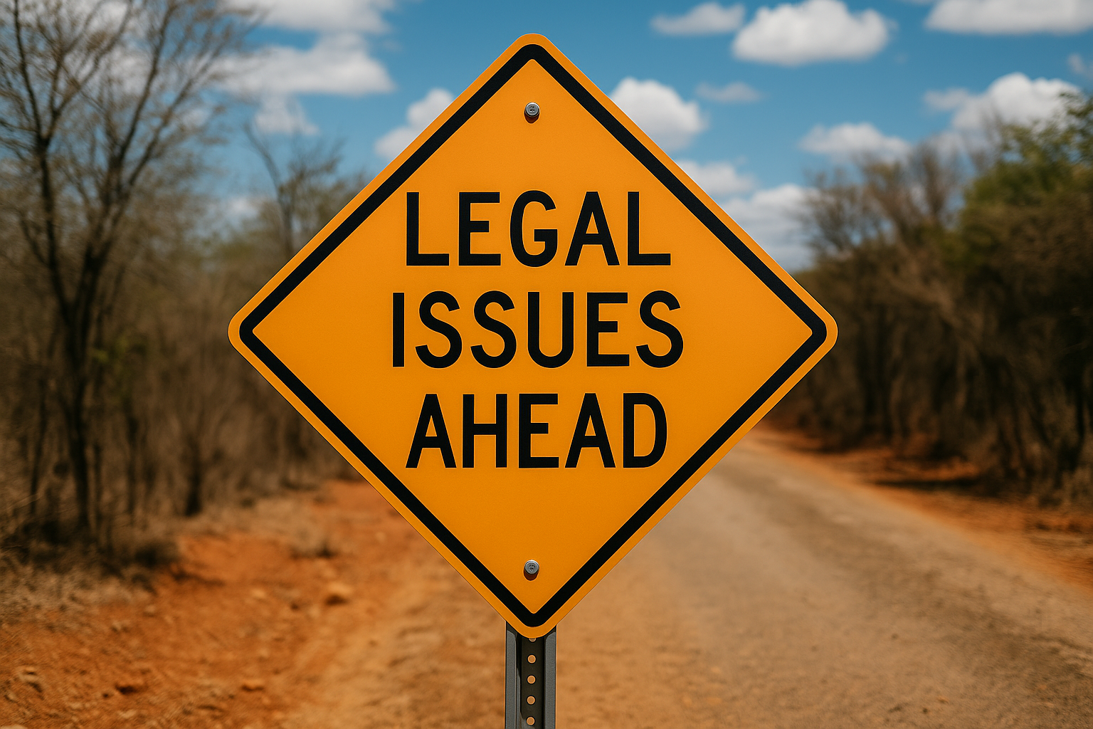 A bright orange road sign reading “Legal Issues Ahead” stands on a rural dirt road surrounded by dry trees and under a blue sky, symbolizing the hidden legal risks in land transactions.