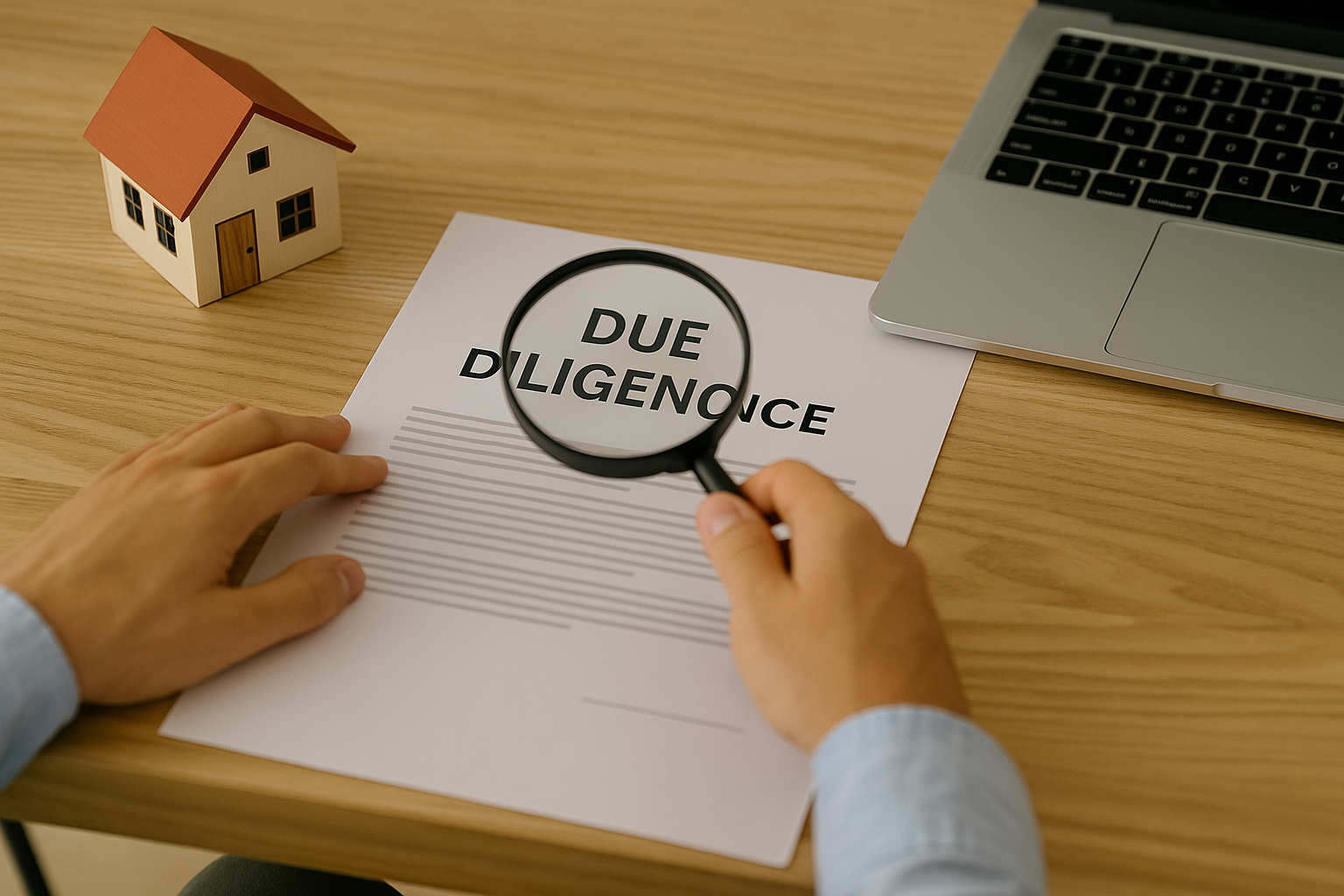 A person examines a document titled “Due Diligence” using a magnifying glass on a wooden desk. A small house model and a laptop sit nearby, symbolizing the importance of thoroughly reviewing property details before buying land.