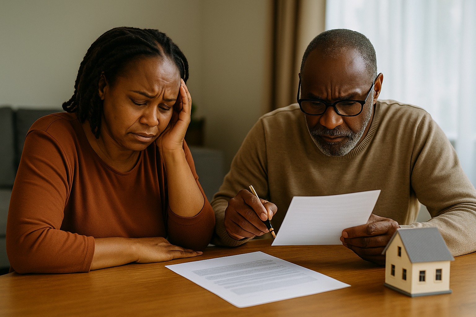 A middle-aged African woman and an older man sit at a wooden table, both appearing distressed as they review legal documents. The man holds a pen and scrutinizes the paperwork, while a miniature house model sits nearby, symbolizing unresolved issues around inherited property.