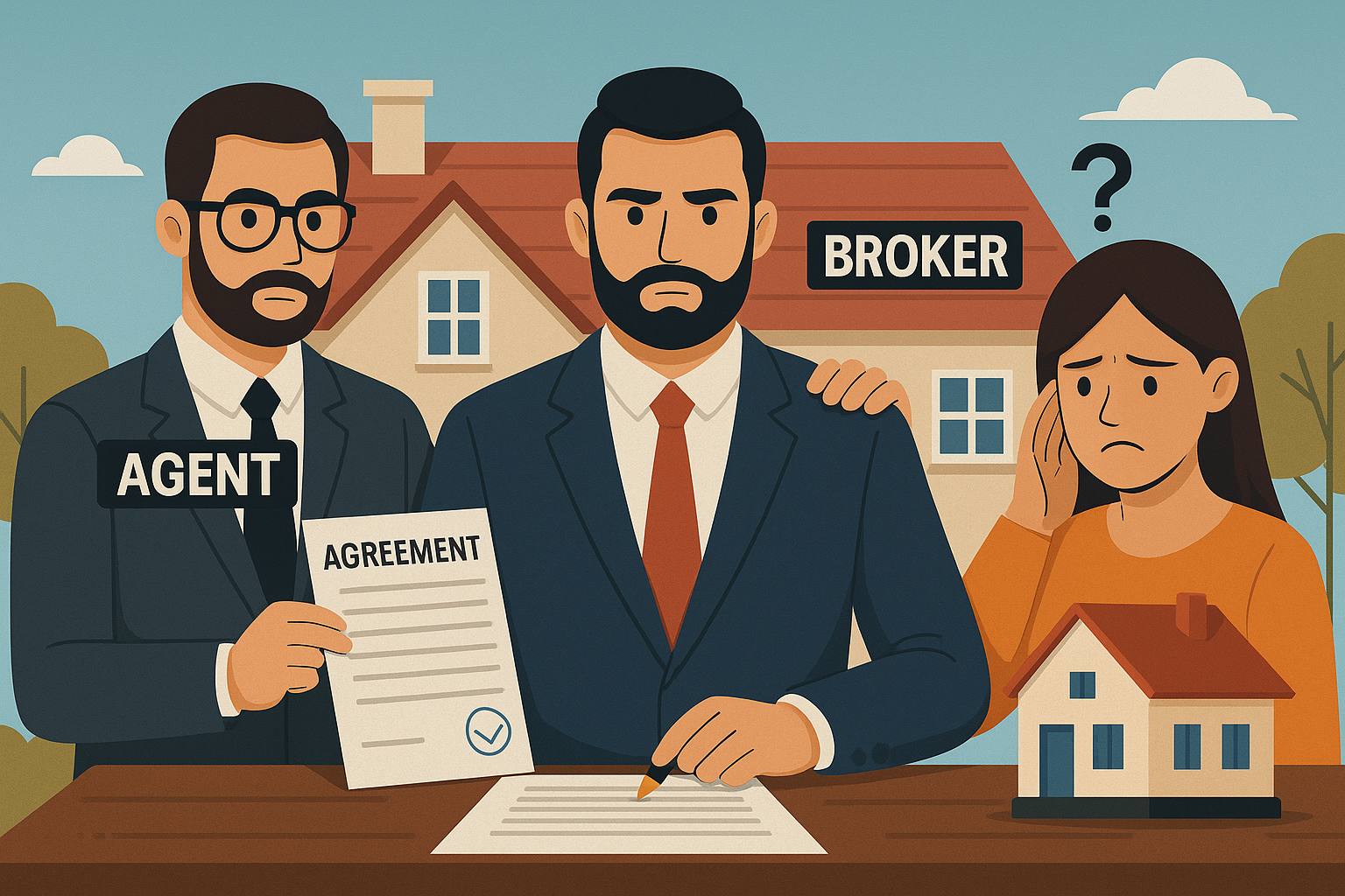 An illustrated real estate transaction scene shows an agent holding an agreement, a broker seated beside him, and a confused female client with a question mark above her head. A model house appears on the table, symbolizing disputes over liability when deals go wrong.