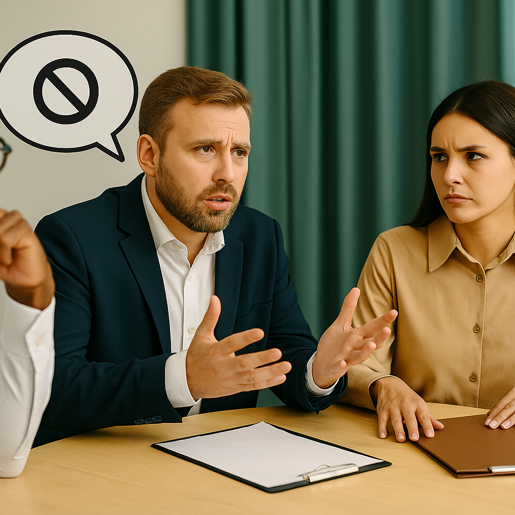 Three professionals sit around a conference table in a modern office. One man speaks with hand gestures, while a woman listens with skepticism and a speech bubble with a crossed-out symbol hovers beside them, symbolizing the unreliability of verbal promises without written agreements.