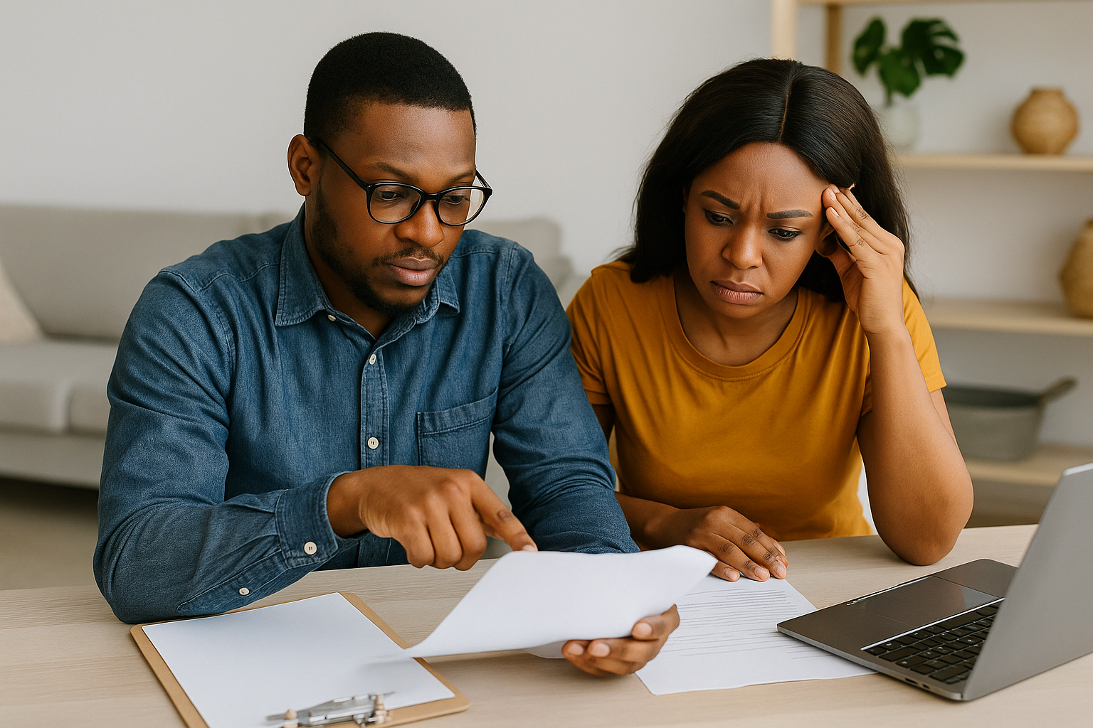 An African couple sits at a table reviewing paperwork with serious expressions. The man points to a document while the woman rests her head on her hand, appearing concerned, highlighting the need for continued diligence even after a land transfer is completed.