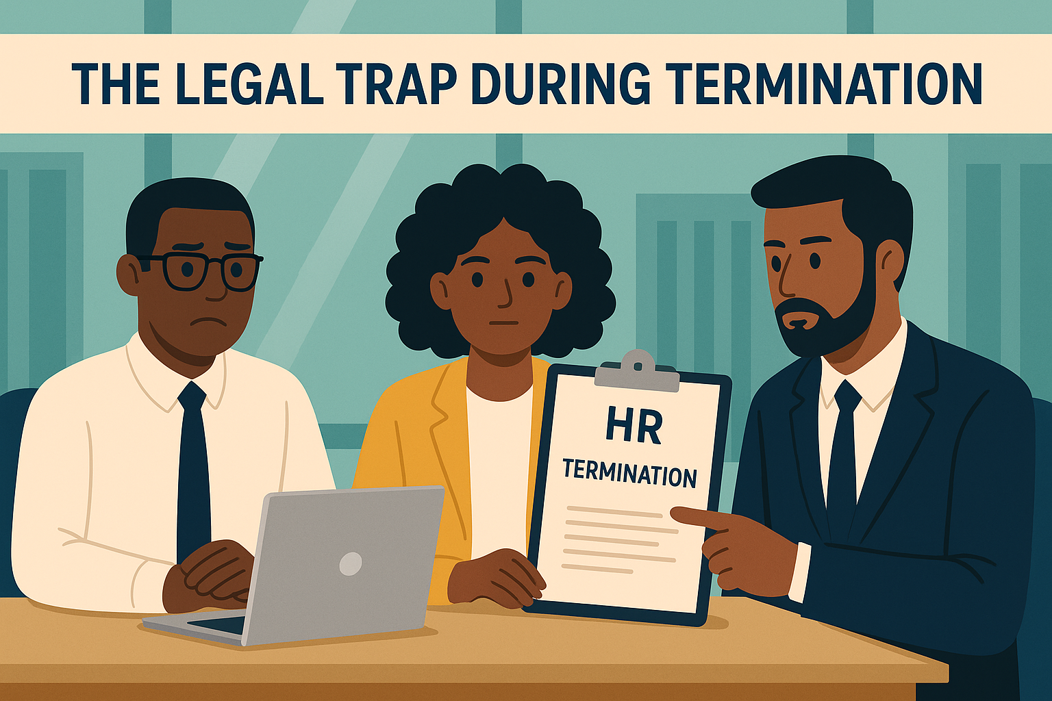 A digital illustration shows three professionals in an office during a termination meeting. A concerned employee sits beside an HR officer holding a clipboard labeled “HR Termination,” while another professional points at the document. The atmosphere reflects the legal risks employers face during dismissal decisions.