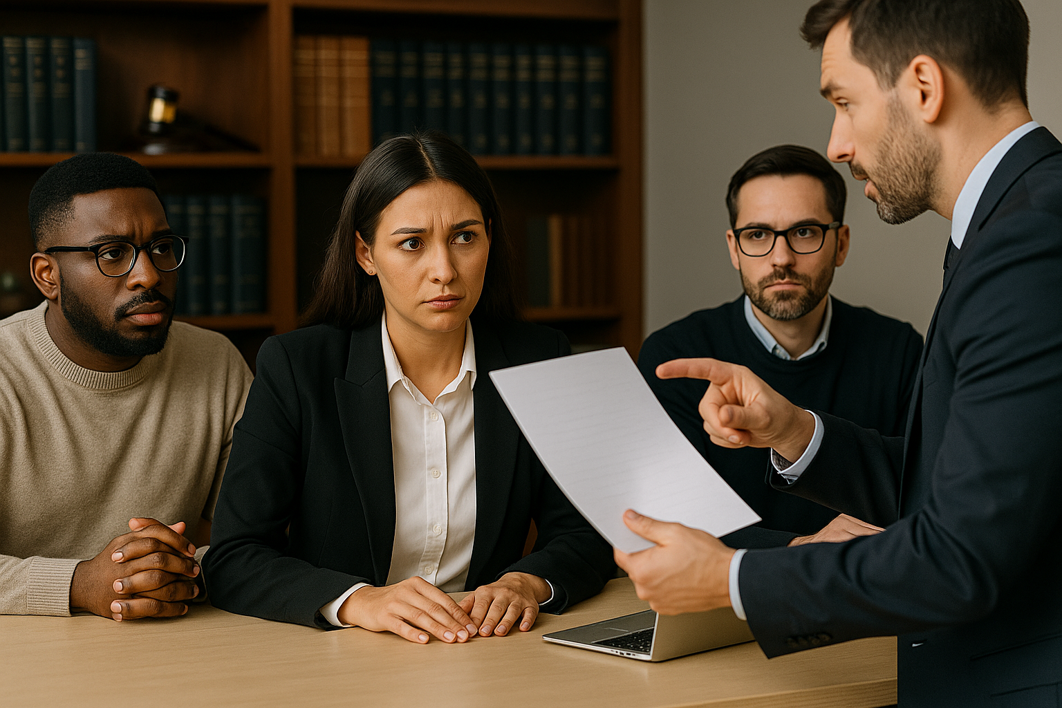 Four professionals are seated in a formal office meeting room with shelves of legal books behind them. One man stands, pointing at a printed document, while the others listen with serious expressions. The tense mood reflects concerns over insufficient notice or evidence during a disciplinary hearing.