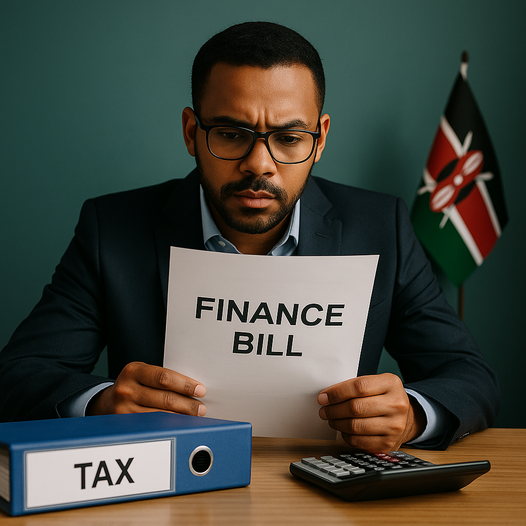 A man of African descent sits at a desk, closely examining a document labeled “Finance Bill.” A calculator, a blue binder marked “TAX,” and a Kenyan flag are placed on the desk, symbolizing the seriousness and national relevance of annual finance legislation.