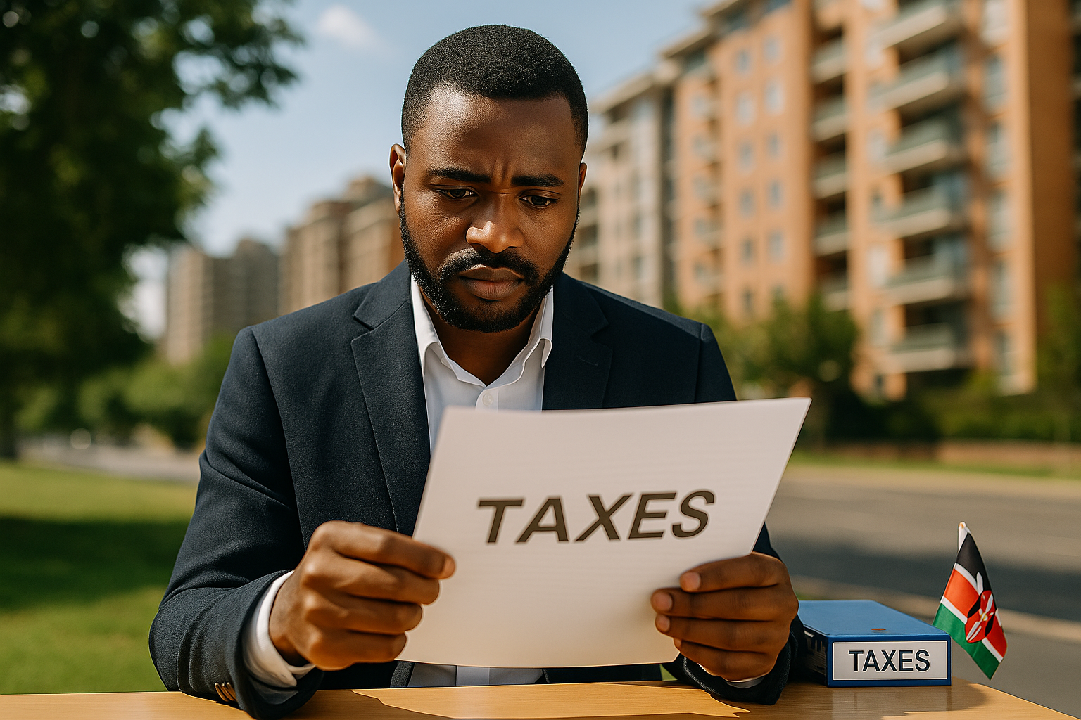 A young African man in a navy blazer reads a document labeled “TAXES” while seated outdoors near a modern apartment complex. His serious expression and firm grip on the paper reflect the personal impact of financial legislation. A small Kenyan flag and a binder labeled “TAXES” are also visible on the table.