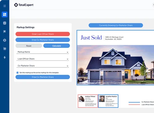 Real estate dashboard showing package settings with options for automatic property status updates, a "Just Sold" property listing image, agent profile, and marketing materials.