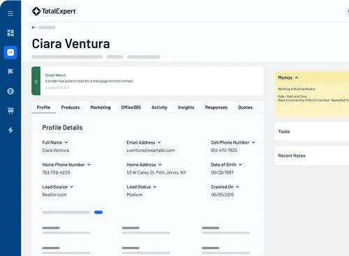 Client dashboard for Ciara Ventura displaying portfolio details, contact information, engagement insights, and a notes section