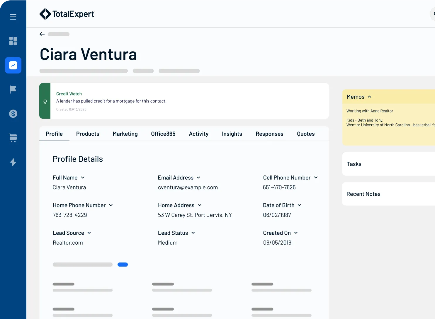 Client dashboard for Ciara Ventura displaying portfolio details, contact information, engagement insights, and a notes section