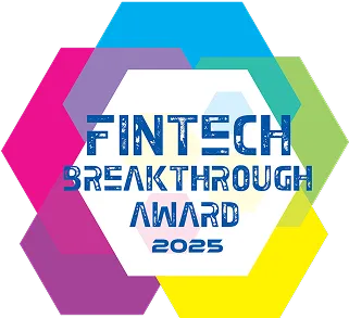 Fintech Breakthrough Award 2025 badge with colorful hexagon design